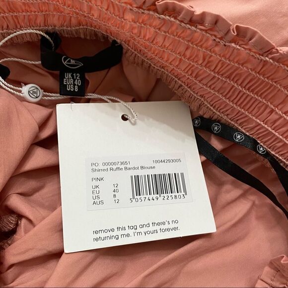 NEW Missguided Pink Shirred Ruffle Off Shoulder Bardot Blouse top 8 - Picture 10 of 10